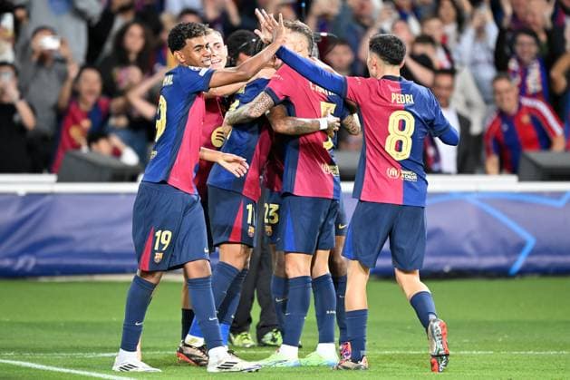 Barcelona, Estadi Olimpic Lluis Companys, 23.10.24, GER, Herren, UEFA Champions League, Saison 2024-2025, FC Barcelona, Barca - FC Bayern Muenchen Bild: RAPINHA (Barcelona) jubelt nach seinem Tor zum 3:1 Only for editorial use! UEFA regulations prohibit any use of photographs as image sequences and or quasi-video. Katalonien Spanien