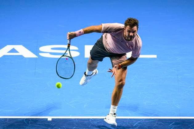 Basel, Switzerland - October 23: Stan Wawrinka of Switzerland serves the ball against Adrian Mannarino of France during the Swiss Indoors Basel - Day 3 at St. Jakobshalle on October 23, 2024 in Basel, Switzerland. (Photo by JustPictures) Basel St. Jakobshalle Basel-Stadt Switzerland