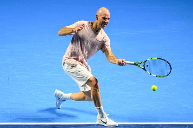 Basel, Switzerland - October 23: Adrian Mannarino of France plays a forehand against Stan Wawrinka of Switzerland during the Swiss Indoors Basel - Day 3 at St. Jakobshalle on October 23, 2024 in Basel, Switzerland. (Photo by JustPictures) Basel St. Jakobshalle Basel-Stadt Switzerland