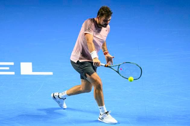 Basel, Switzerland - October 23: Stan Wawrinka of Switzerland in action against Adrian Mannarino of France during the Swiss Indoors Basel - Day 3 at St. Jakobshalle on October 23, 2024 in Basel, Switzerland. (Photo by JustPictures) Basel St. Jakobshalle Basel-Stadt Switzerland