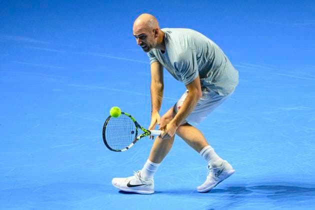 Basel, Switzerland - October 23: Adrian Mannarino of France plays a backhand against Stan Wawrinka of Switzerland during the Swiss Indoors Basel - Day 3 at St. Jakobshalle on October 23, 2024 in Basel, Switzerland. (Photo by JustPictures) Basel St. Jakobshalle Basel-Stadt Switzerland