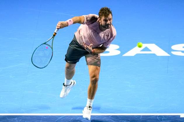 Basel, Switzerland - October 23: Stan Wawrinka of Switzerland serves the ball against Adrian Mannarino of France during the Swiss Indoors Basel - Day 3 at St. Jakobshalle on October 23, 2024 in Basel, Switzerland. (Photo by JustPictures) Basel St. Jakobshalle Basel-Stadt Switzerland