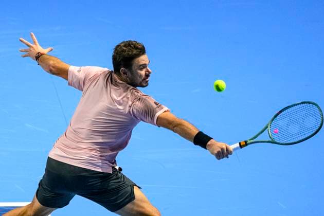 Basel, Switzerland - October 23: Stan Wawrinka of Switzerland plays a backhand against Adrian Mannarino of France during the Swiss Indoors Basel - Day 3 at St. Jakobshalle on October 23, 2024 in Basel, Switzerland. (Photo by JustPictures) Basel St. Jakobshalle Basel-Stadt Switzerland