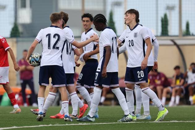 TA™ QALI, MALTA - OCTOBER 24: Igor Tyjon (R) of England is congratulated by his team mates after scoring the 4-0 goal for his team during the UEFA European Under-17 Championship 2025 Group 1 qualifying soccer match between England and Malta at the Centenary Stadium, Ta™ Qali, Malta on October 24, 2024. England v Malta - Under-17 Championship UEFA Qualifying 2025 UEFA_U17_QLFY_25