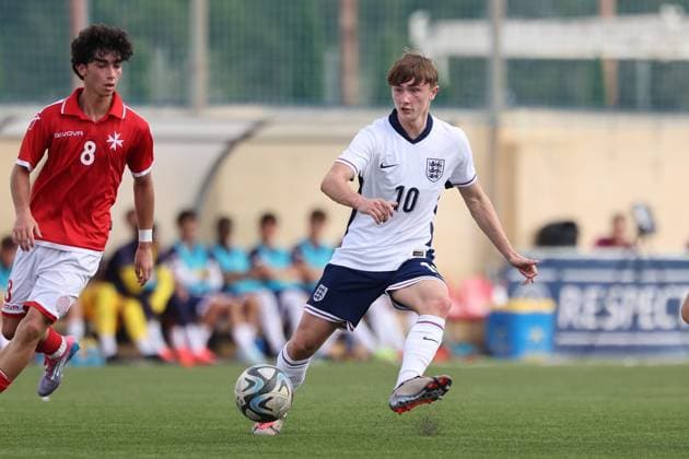 TA™ QALI, MALTA - OCTOBER 24: Finlay Gorman of England is in action during the UEFA European Under-17 Championship 2025 Group 1 qualifying soccer match between England and Malta at the Centenary Stadium, Ta™ Qali, Malta on October 24, 2024. England v Malta - Under-17 Championship UEFA Qualifying 2025 UEFA_U17_QLFY_25