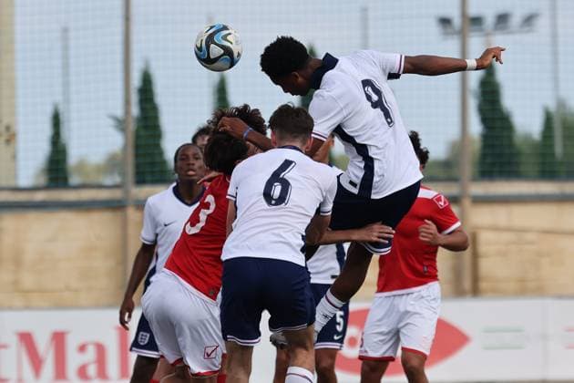 TA™ QALI, MALTA - OCTOBER 24: Chizaram Ezenwata (top) of England heads the ball towards the Malta goalmouth during the UEFA European Under-17 Championship 2025 Group 1 qualifying soccer match between England and Malta at the Centenary Stadium, Ta™ Qali, Malta on October 24, 2024. England v Malta - Under-17 Championship UEFA Qualifying 2025 UEFA_U17_QLFY_25