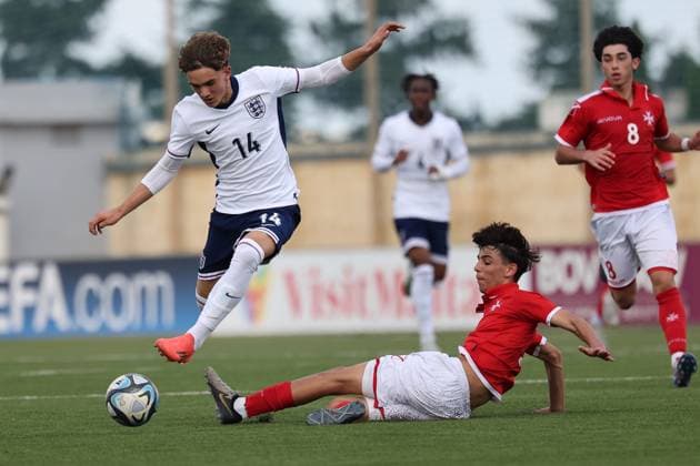 TA™ QALI, MALTA - OCTOBER 24: Max Dowman (L) of England moves away with the ball past Sami Abo Assaf of Malta during the UEFA European Under-17 Championship 2025 Group 1 qualifying soccer match between England and Malta at the Centenary Stadium, Ta™ Qali, Malta on October 24, 2024. England v Malta - Under-17 Championship UEFA Qualifying 2025 UEFA_U17_QLFY_25
