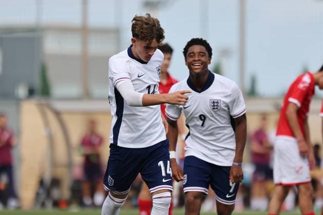 TA™ QALI, MALTA - OCTOBER 24: Max Dowman (L) of England celebrates scoring the 3-0 goal during the UEFA European Under-17 Championship 2025 Group 1 qualifying soccer match between England and Malta at the Centenary Stadium, Ta™ Qali, Malta on October 24, 2024. England v Malta - Under-17 Championship UEFA Qualifying 2025 UEFA_U17_QLFY_25