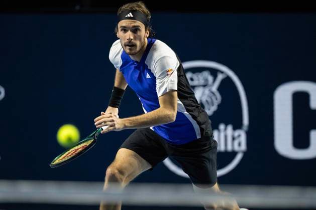 24th October 2024; St. Jakobshalle, Basel, Switzerland; ATP, Tennis Herren 500 Swiss Indoors Basel Tennis, Day 4; Stefanos Tsitsipas (GRE) in action against Botic Van De Zandschulp (NED) in the second round  ActionPlus12706757 DavidxEmm