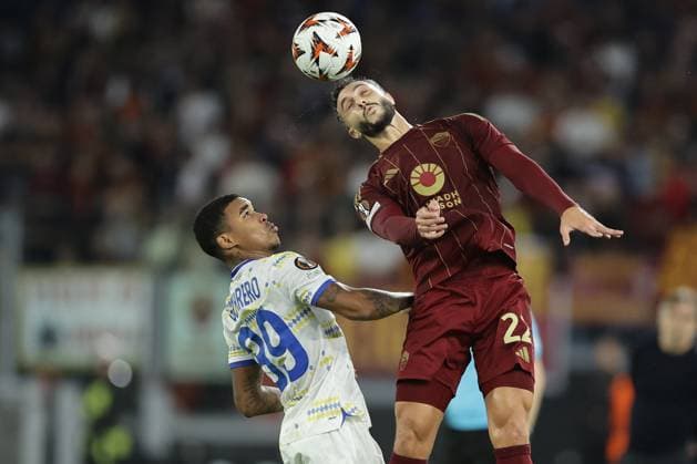 UEFA Europa League phase match day3 AS Roma vs Dynamo Kyiv Roma™s Spanish defender Mario Hermoso challenges for the ball with Dynamo Kyiv s PAN forward Eduardo Guerrero during UEFA Europa League phase match day 3 between AS Roma vs Dynamo Kyiv at Olimpico stadium on October 24, 2024 in Rome, Italy. ABPH0183 Copyright: xAntonioxBalascox