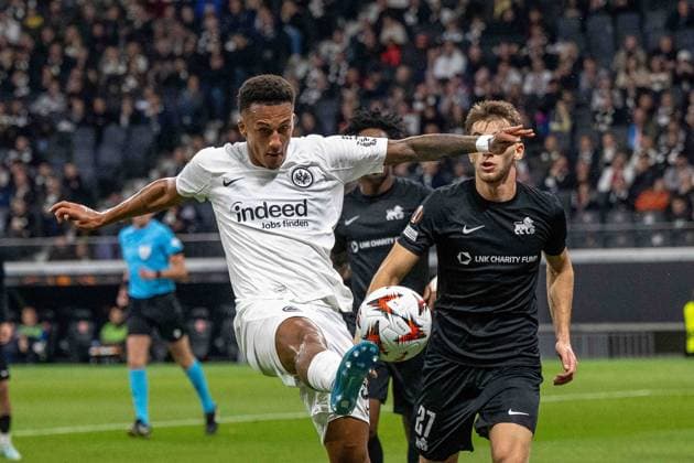 Tuta (Eintracht Frankfurt) Adam Marhiev (Rigas FS) im Kampf um den Ball, UEFA Europa League 2024 25 League Phase MD3, Eintracht Frankfurt v FC RFS, Deutsche Bank Park, 24.10.2024, Frankfurt am Main, Deutschland. not used in POL SRB CRO FRA GBR NED ITA USA Defodi-747_WD1_7692