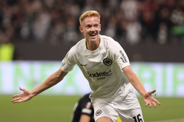 2024.10.24 UEFA Europa League phase Matchday 3 Eintracht Frankfurt - Rigas FS v.l., Torjubel, Goal celebration, celebrate the goal Hugo Larsson (Eintracht Frankfurt) (DFL DFB REGULATIONS PROHIBIT ANY USE OF PHOTOGRAPHS as IMAGE SEQUENCES and or QUASI-VIDEO) Copyright: JoaquimxFerreira