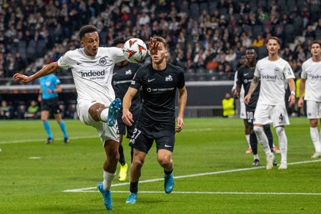 Tuta (Eintracht Frankfurt) Adam Marhiev (Rigas FS) im Kampf um den Ball, UEFA Europa League 2024 25 League Phase MD3, Eintracht Frankfurt v FC RFS, Deutsche Bank Park, 24.10.2024, Frankfurt am Main, Deutschland. not used in POL SRB CRO FRA GBR NED ITA USA Defodi-747_WD1_7691