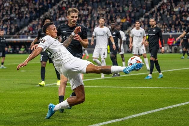 Tuta (Eintracht Frankfurt) Adam Marhiev (Rigas FS) im Kampf um den Ball, UEFA Europa League 2024 25 League Phase MD3, Eintracht Frankfurt v FC RFS, Deutsche Bank Park, 24.10.2024, Frankfurt am Main, Deutschland. not used in POL SRB CRO FRA GBR NED ITA USA Defodi-747_WD1_7710