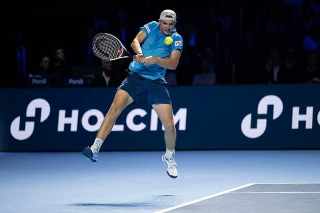 24th October 2024; St. Jakobshalle, Basel, Switzerland; ATP, Tennis Herren 500 Swiss Indoors Basel Tennis, Day 4; Dominic Stricker (SUI) in action against Holger Rune (DEN) in the second round  ActionPlus12706854 DavidxEmm