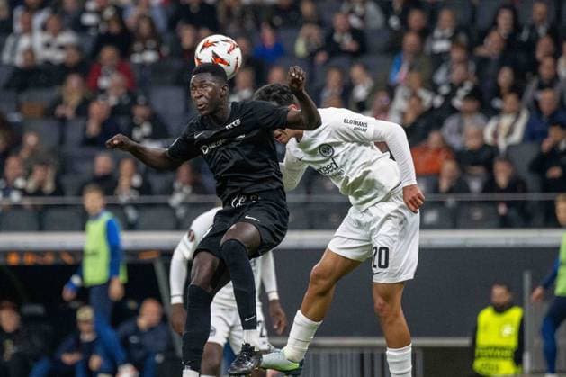 Can Uzun (Eintracht Frankfurt) Rasid Njie (Rigas FS beim Kopfball, UEFA Europa League 2024 25 League Phase MD3, Eintracht Frankfurt v FC RFS, Deutsche Bank Park, 24.10.2024, Frankfurt am Main, Deutschland. not used in POL SRB CRO FRA GBR NED ITA USA Defodi-747_WD1_7886