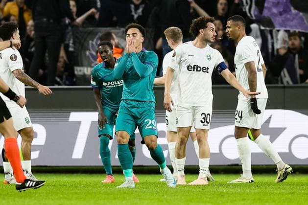 Anderlecht s Mario Stroeykens reacts during a soccer match between Belgian RSC Anderlecht and Bulgarian PFK Ludogorets Razgrad, in Brussels, Thursday 24 October 2024, on the third day of the League phase of the UEFA Europa League tournament. BRUNOxFAHY  x103514479x