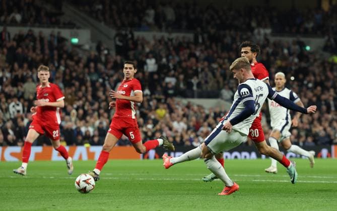 London, England, 24th October 2024. Timo Werner of Tottenham Hotspur has a shot on goal but fails to score during the UEFA Europa League match at the Tottenham Hotspur Stadium, London. Picture credit should read: Paul Terry Sportimage EDITORIAL USE ONLY. No use with unauthorised audio, video, data, fixture lists, club league logos or live services. Online in-match use limited to 120 images, no video emulation. No use in betting, games or single club league player publications. SPI-3406-0010