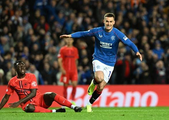 Glasgow, Scotland, 24th October 2024. Tom Lawrence of Rangers scores the opening goal during the UEFA Europa League match at Ibrox Stadium, Glasgow. Picture credit should read: Neil Hanna Sportimage EDITORIAL USE ONLY. No use with unauthorised audio, video, data, fixture lists, club league logos or live services. Online in-match use limited to 120 images, no video emulation. No use in betting, games or single club league player publications. SPI-3408-0015