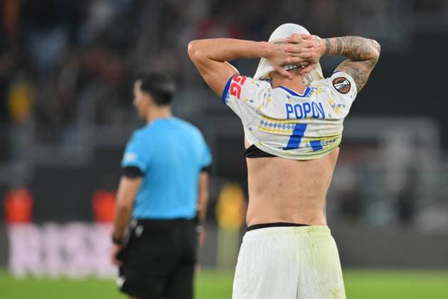 Foto IPP Roberto Ramaccia Roma 24 10 2024 Uefa Europa League 2024 2025 Roma vs Dynamo Kiev Nella foto Denys Popov mostra il suo disappunto Italy Photo Press - World Copyright Roma italy  Copyright: xR4924_italyphotopressx
