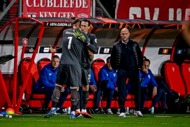 FC Twente goalkeeper Lars Unnerstall, FC Twente goalkeeper Przemyslaw Tyton, FC Twente trainer Joseph Oosting, during the match Twente - Lazio at the Grolsch Veste for the UEFA Europa League - League phase - Matchday 3 season 2024-2025 in ENSCHEDE, Netherlands on 24 oktober 2024, (photo by Stefan Koops EYE4images DeFodi Images) not used in POL SRB CRO FRA GBR NED ITA USA Defodi-746_196789