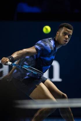 24th October 2024; St. Jakobshalle, Basel, Switzerland; ATP, Tennis Herren 500 Swiss Indoors Basel Tennis, Day 4; Giovanni Mpetshi Perricard (FRA) in action against Felix Auger-Aliassime (CAN) in the second round  ActionPlus12706945 DavidxEmm