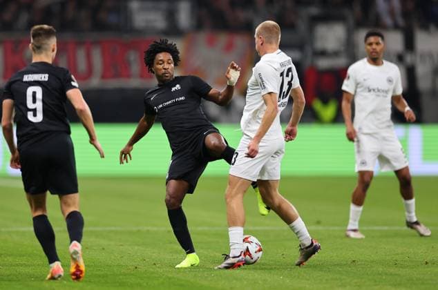 24.10.2024, Fussball UEFA Europa League, Eintracht Frankfurt - FC Riga FS RFS, emonline, emspor, v.l., Cedric Kouadio (FK RFS), Rasmus Kristensen (Eintracht Frankfurt) DFL DFB REGULATIONS PROHIBIT ANY USE OF PHOTOGRAPHS AS IMAGE SEQUENCES AND OR QUASI-VIDEO. xdcx Copyright: HMBxMedia