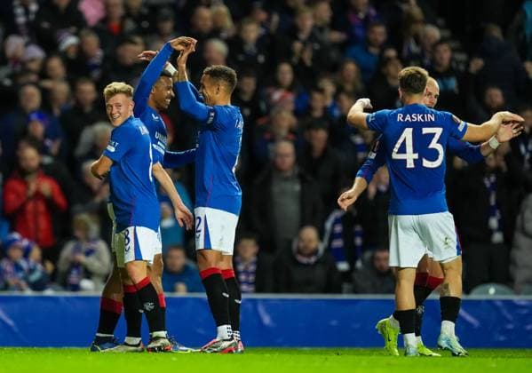 Hamza Igamane of Rangers celebrates with Connor Barron & Rangers captain James Tavernier after scoring to give Rangers a 4-0 lead. Rangers v FCSB, UEFA Europa League, Group Stage, Football, Ibrox Stadium, Glasgow, Scotland, UK, 24 Oct 2024 EDITORIAL USE ONLY No use with unauthorised audio, video, data, fixture lists, club league logos or live services. Online in-match use limited to 120 images, no video emulation. No use in betting, games or single club league player publications. Copyright: xStuartxWallace Shutterstockx 14801669db