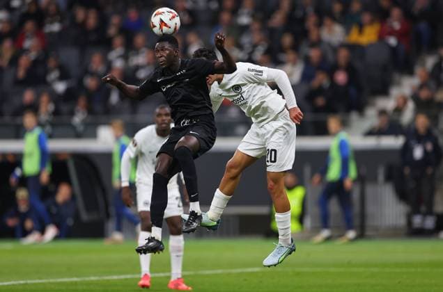 24.10.2024, Fussball UEFA Europa League, Eintracht Frankfurt - FC Riga FS RFS, emonline, emspor, v.l., Haruna Rasid Njie (FK RFS), Can Uzun (Eintracht Frankfurt) DFL DFB REGULATIONS PROHIBIT ANY USE OF PHOTOGRAPHS AS IMAGE SEQUENCES AND OR QUASI-VIDEO. xdcx Copyright: HMBxMedia