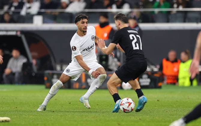 24.10.2024, Fussball UEFA Europa League, Eintracht Frankfurt - FC Riga FS RFS, emonline, emspor, v.l., Omar Marmoush (Eintracht Frankfurt), Adam Markhiyev (FK RFS) DFL DFB REGULATIONS PROHIBIT ANY USE OF PHOTOGRAPHS AS IMAGE SEQUENCES AND OR QUASI-VIDEO. xdcx Copyright: HMBxMedia