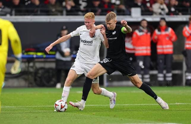 24.10.2024, Fussball UEFA Europa League, Eintracht Frankfurt - FC Riga FS RFS, emonline, emspor, v.l., Hugo Ekitike (Eintracht Frankfurt), Ziga Lipuscek (FK RFS) DFL DFB REGULATIONS PROHIBIT ANY USE OF PHOTOGRAPHS AS IMAGE SEQUENCES AND OR QUASI-VIDEO. xdcx Copyright: HMBxMedia