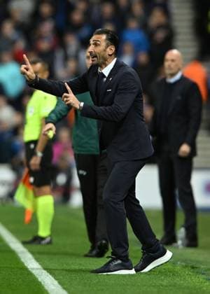 Glasgow, Scotland, 24th October 2024. FCSB Manager Ilias Charalampous during the UEFA Europa League match at Ibrox Stadium, Glasgow. Picture credit should read: Neil Hanna Sportimage EDITORIAL USE ONLY. No use with unauthorised audio, video, data, fixture lists, club league logos or live services. Online in-match use limited to 120 images, no video emulation. No use in betting, games or single club league player publications. SPI-3408-0090
