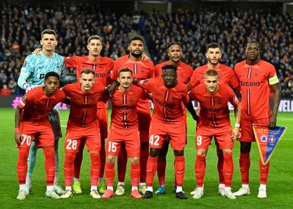Glasgow, Scotland, 24th October 2024. The FCSB starting eleven during the UEFA Europa League match at Ibrox Stadium, Glasgow. Picture credit should read: Neil Hanna Sportimage EDITORIAL USE ONLY. No use with unauthorised audio, video, data, fixture lists, club league logos or live services. Online in-match use limited to 120 images, no video emulation. No use in betting, games or single club league player publications. SPI-3408-0091