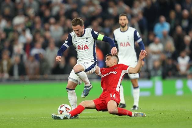 24th October 2024; Tottenham Hotspur Stadium, London, England; UEFA Europa League Football, Tottenham Hotspur versus AZ Alkmaar; James Maddison of Tottenham Hotspur is fouled by Kristijan Belic of AZ Alkmaar.  ActionPlus12706921 KatiexChan