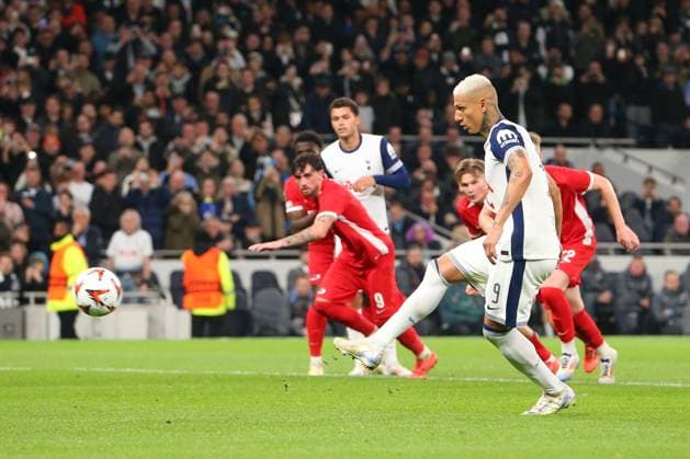 24th October 2024; Tottenham Hotspur Stadium, London, England; UEFA Europa League Football, Tottenham Hotspur versus AZ Alkmaar; Richarlison of Tottenham Hotspur scores from a penalty kick in the 53rd minute for 1-0.  ActionPlus12706968 KatiexChan