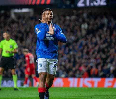 24th October 2024; Ibrox Stadium, Glasgow, Scotland; UEFA Europa League Football, Rangers versus FCSB; Hamza Igamane of Rangers celebrates after he scored to make it 4-0 in the 71st minute  ActionPlus12706974 VagelisxGeorgariou