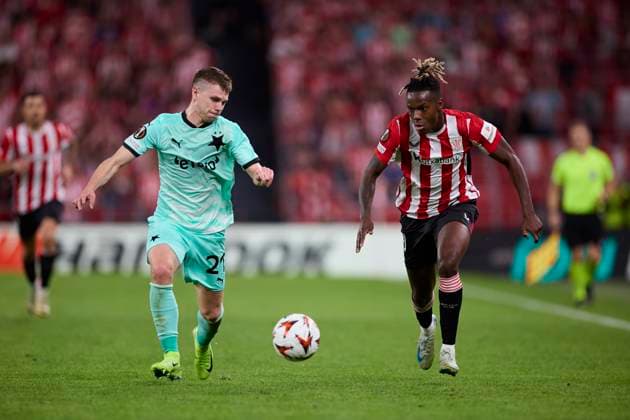 Athletic Club v SK Slavia Prague - Europa League 2024 25 League Phase Nico Williams of Athletic Club competes for the ball with David Doudera of SK Slavia Prague during the Europa League match between Athletic Club and SK Slavia Prague at San Mames on October 24, 2024, in Bilbao, Spain. Bilbao San Mames Basque Country Spain RL_ATHvRCDE_000054 Copyright: xRicardoxLarreinax