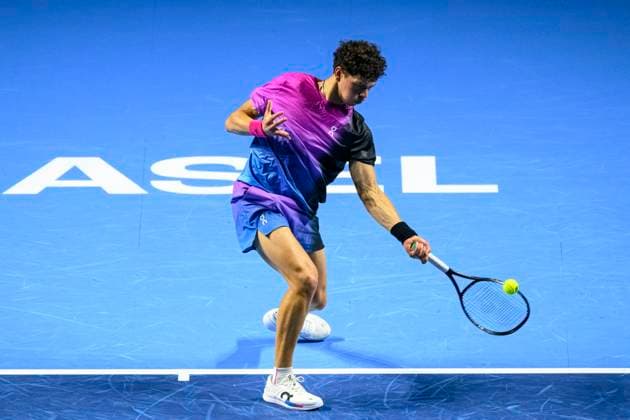 Basel, Switzerland - October 24: Ben Shelton of USA in action against Stan Wawrinka of Switzerland during the Swiss Indoors Basel - Day 4 at St. Jakobshalle on October 24, 2024 in Basel, Switzerland. (Photo by JustPuctures) Basel St. Jakobshalle Basel-Stadt Switzerland