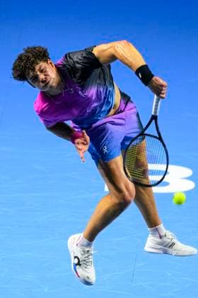 Basel, Switzerland - October 24: Ben Shelton of USA serves the ball against Stan Wawrinka of Switzerland during the Swiss Indoors Basel - Day 4 at St. Jakobshalle on October 24, 2024 in Basel, Switzerland. (Photo by JustPuctures) Basel St. Jakobshalle Basel-Stadt Switzerland