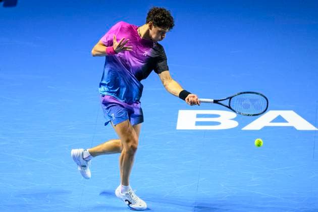 Basel, Switzerland - October 24: Ben Shelton of USA in action against Stan Wawrinka of Switzerland during the Swiss Indoors Basel - Day 4 at St. Jakobshalle on October 24, 2024 in Basel, Switzerland. (Photo by JustPuctures) Basel St. Jakobshalle Basel-Stadt Switzerland