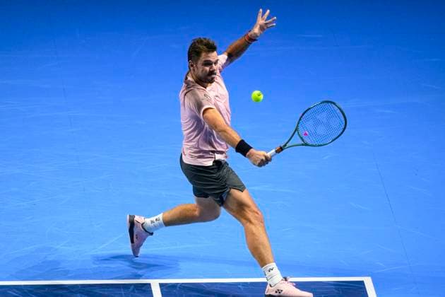 Basel, Switzerland - October 24: Stan Wawrinka of Switzerland plays a backhand against Ben Shelton of USA during the Swiss Indoors Basel - Day 4 at St. Jakobshalle on October 24, 2024 in Basel, Switzerland. (Photo by JustPuctures) Basel St. Jakobshalle Basel-Stadt Switzerland