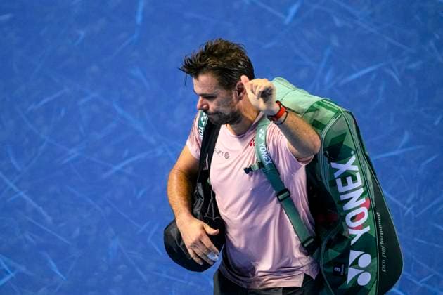 Basel, Switzerland - October 24: Stan Wawrinka of Switzerland was crushed after been defeated by Ben Shelton of USA during the Swiss Indoors Basel - Day 4 at St. Jakobshalle on October 24, 2024 in Basel, Switzerland. (Photo by JustPuctures) Basel St. Jakobshalle Basel-Stadt Switzerland