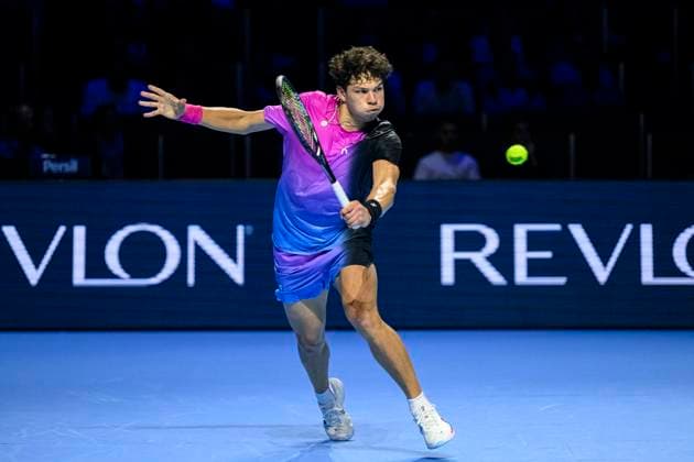 Basel, Switzerland - October 24: Ben Shelton of USA in action against Stan Wawrinka of Switzerland during the Swiss Indoors Basel - Day 4 at St. Jakobshalle on October 24, 2024 in Basel, Switzerland. (Photo by JustPuctures) Basel St. Jakobshalle Basel-Stadt Switzerland