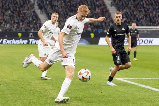 UEFA Europa League: Eintracht Frankfurt - FC Riga FS, 24.10.2024 Hugo Larsson (Eintracht Frankfurt 16) bei einer Flanke, Eintracht Frankfurt - FC Riga FS, Frankfurt, Deutsche Bank Park, 24.10.2024 Copyright: xBEAUTIFULxSPORTS Gawlikx