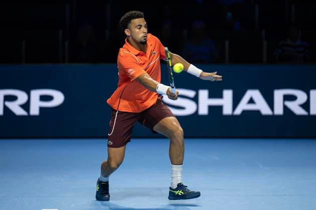 25th October 2024; St. Jakobshalle, Basel, Switzerland; ATP, Tennis Herren 500 Swiss Indoors Basel Tennis, Day 5; Arthur Fils (FRA) in action against Stefanos Tsitsipas (GRE) in the quarter finals  ActionPlus12707133 DavidxEmm