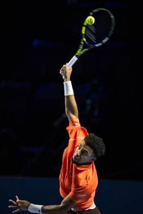 25th October 2024; St. Jakobshalle, Basel, Switzerland; ATP, Tennis Herren 500 Swiss Indoors Basel Tennis, Day 5; Arthur Fils (FRA) in action against Stefanos Tsitsipas (GRE) in the quarter finals  ActionPlus12707145 DavidxEmm