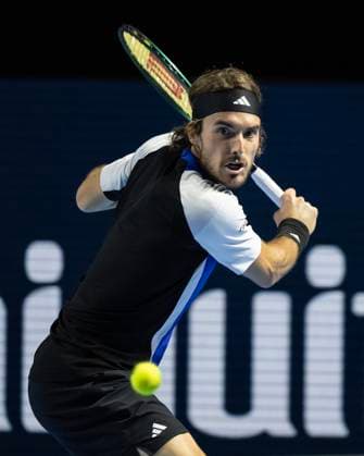 25th October 2024; St. Jakobshalle, Basel, Switzerland; ATP, Tennis Herren 500 Swiss Indoors Basel Tennis, Day 5; Stefanos Tsitsipas (GRE) in action against Arthur Fils (FRA) in the quarter finals  ActionPlus12707150 DavidxEmm