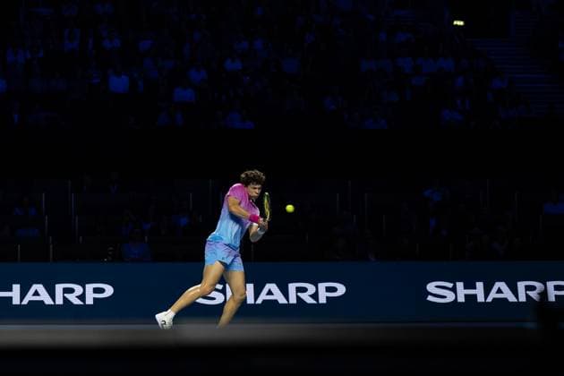 25th October 2024; St. Jakobshalle, Basel, Switzerland; ATP, Tennis Herren 500 Swiss Indoors Basel Tennis, Day 5; Ben Shelton (USA) in action against Andrey Rublev (RUS) in the quarter finals  ActionPlus12707344 DavidxEmm