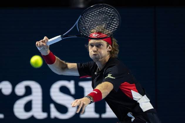 25th October 2024; St. Jakobshalle, Basel, Switzerland; ATP, Tennis Herren 500 Swiss Indoors Basel Tennis, Day 5; Andrey Rublev (RUS) in action against Ben Shelton (USA) in the quarter finals  ActionPlus12707352 DavidxEmm