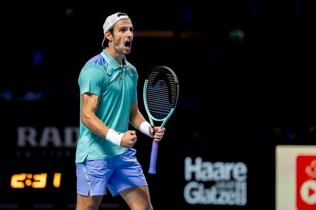 LORENZO MUSETTI (ITA) (in picture) celebrating his victory in match against ALEXANDER ZVEREV (GER) at the ATP, Tennis Herren World Tour, Erste Bank Open at the Wiener Stadthalle. Vienna